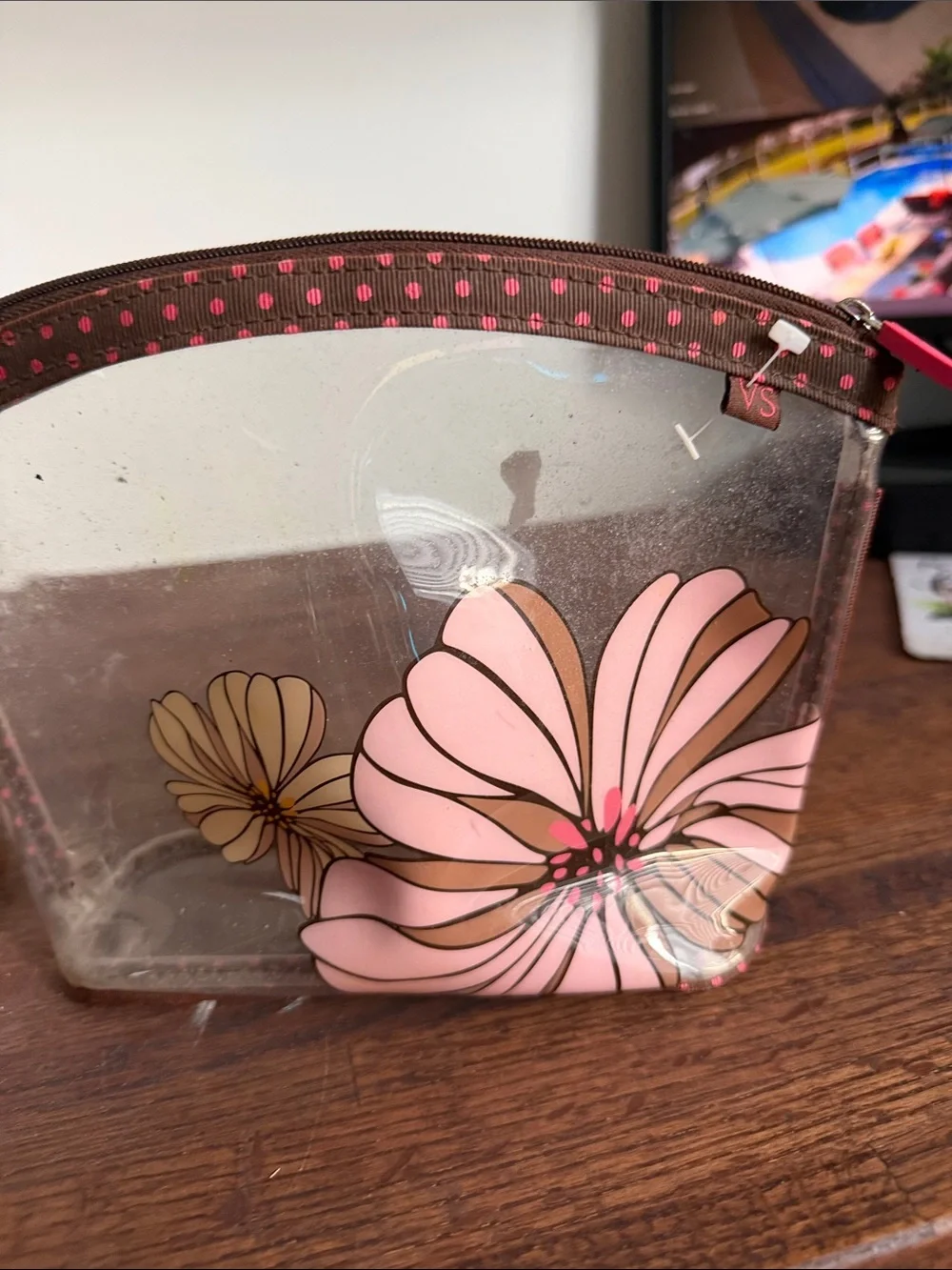 Victoria's Secret Clear Floral Makeup Pouch in Pink and Brown